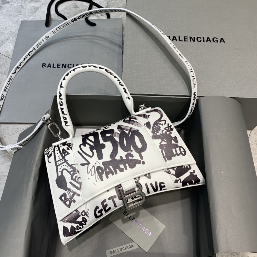 Balenciaga Hourglass Small Handbag Graffiti Shoulder Bag White